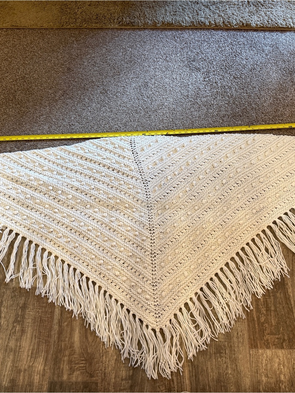 Cream Crochet Fringe Throw Blanket - Soft Triangle Shawl Style